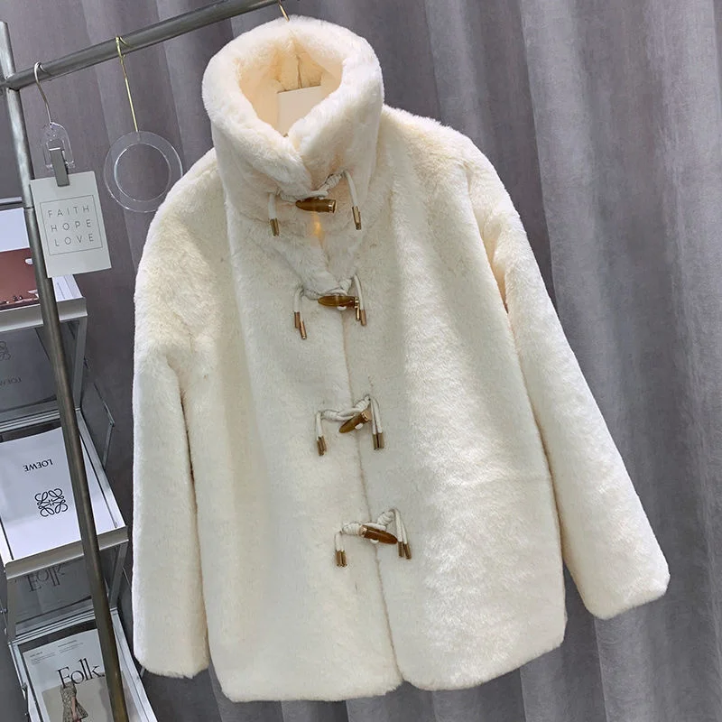 Faux Fur Coat Women's Sheep Shearling Autumn And Winter New Granular Velvet Korean Coat Short Fox Fur Collar Hooded Coat Female