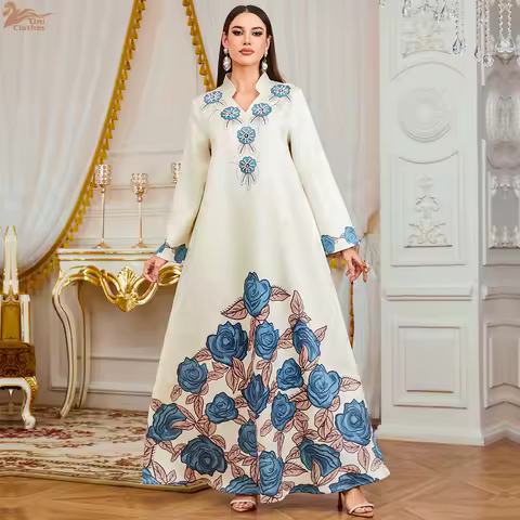 Uni Muslim Luxury Woman Floral Print Evening Dress Elegant Moroccan Caftan Long Stylish Abaya 2026