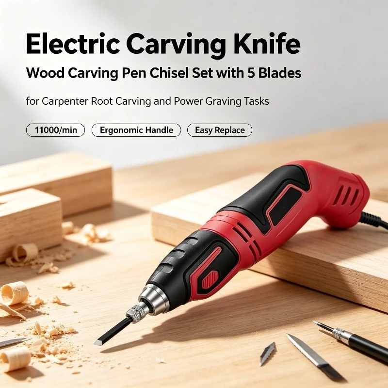 Electric Carving Knife, Wood Carving Pen Chisel Set with 5 Blades for Carpenter Root Carving and Power Graving Tasks