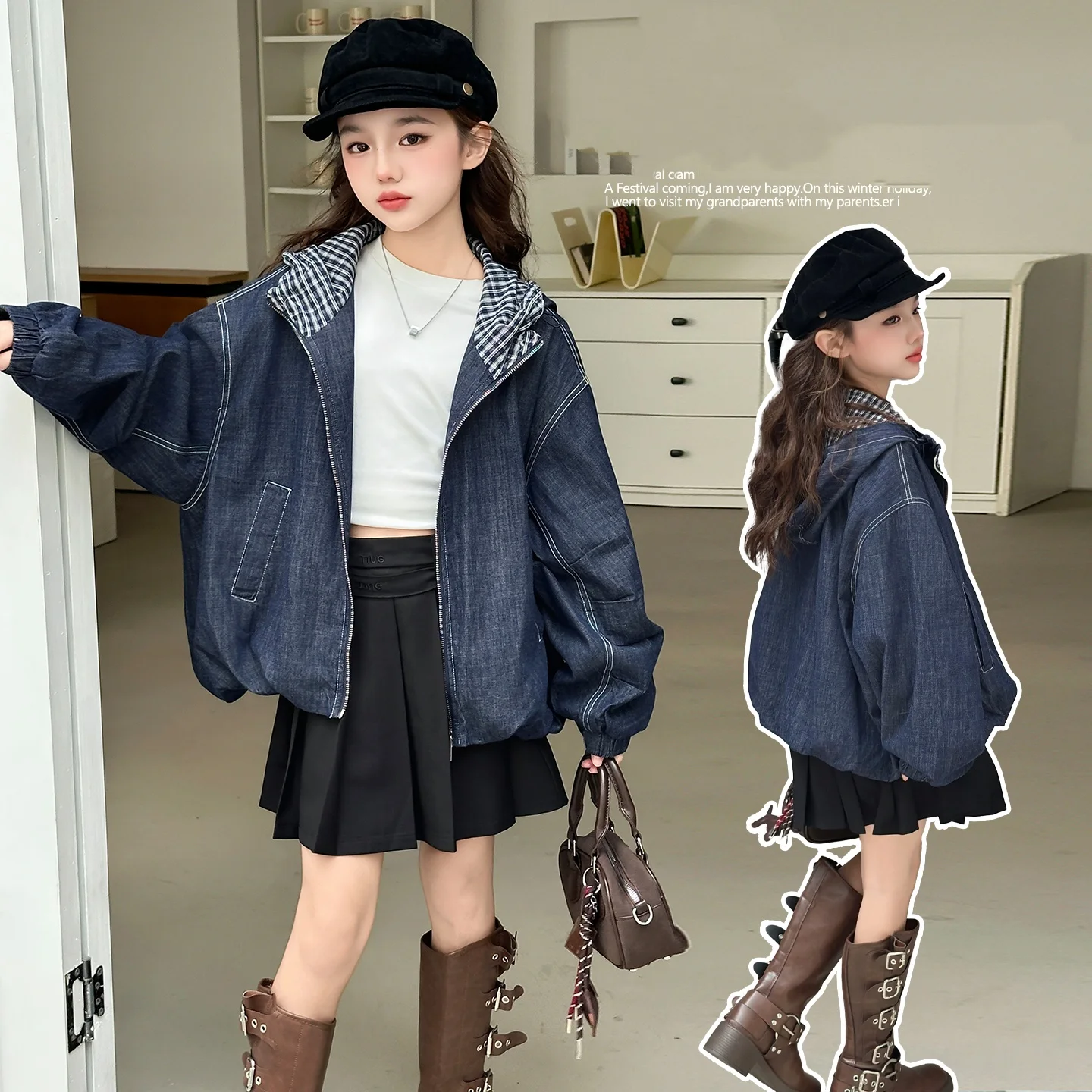 

Kids Spring Autumn Jacket Child Windbreak 4-14Y Baby Girl Patchwork Casual Fashion Coat Little Child Original Blue Denim Outwear