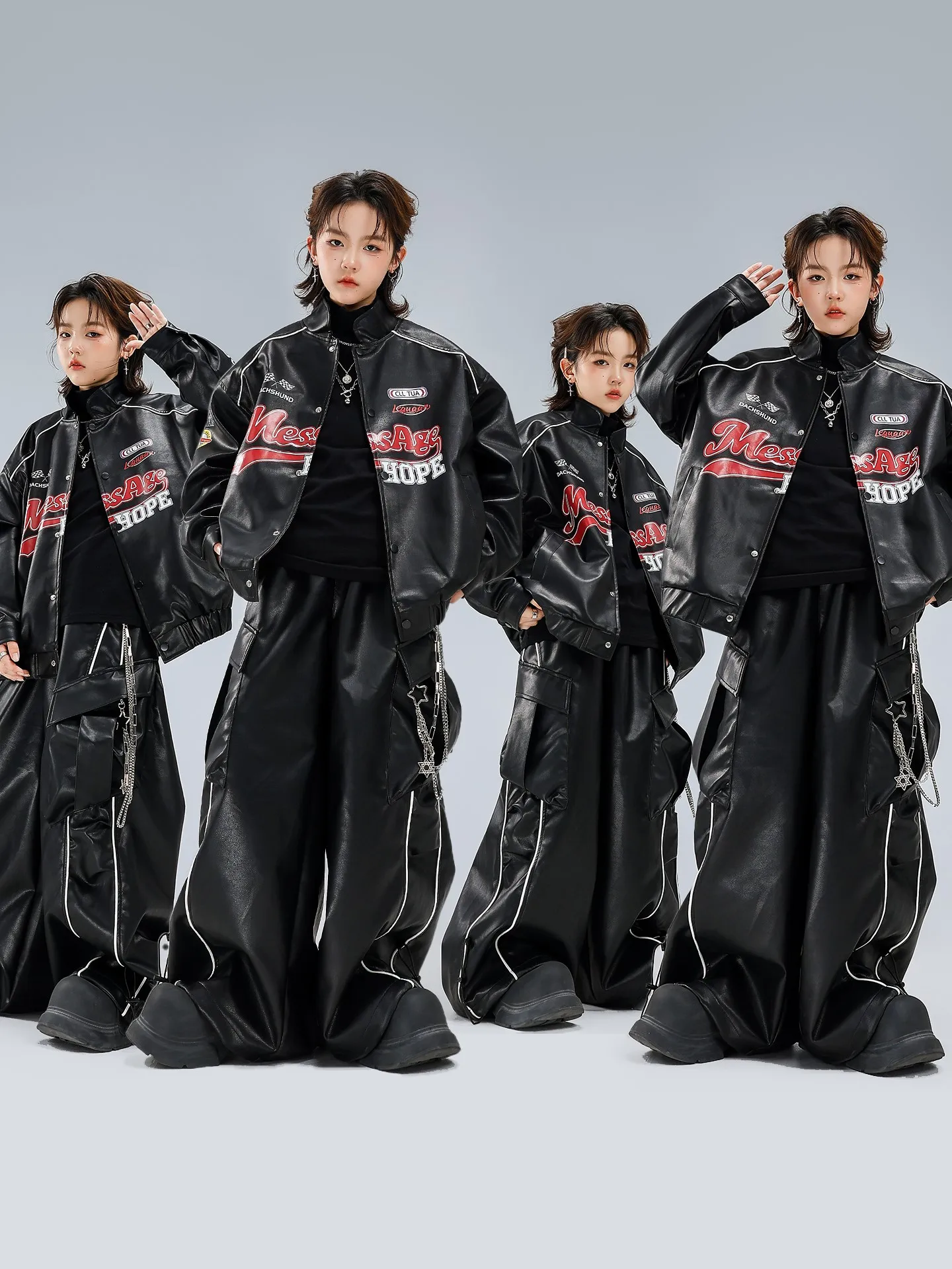 Vêtements Hip Hop Cool pour adolescents, veste en cuir noir, pantalon, tenues de danse de rue amples, spectacle de tambour, Costumes de danse de rupture BL17805