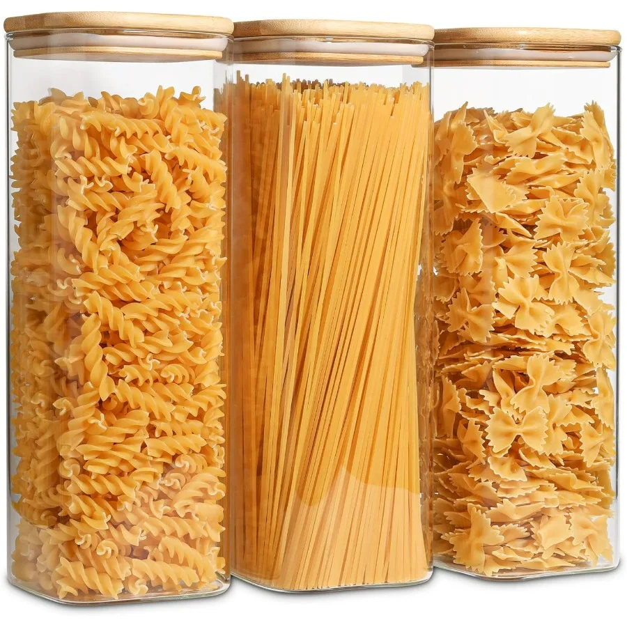 

ComSaf Glass Spaghetti Pasta Storage Containers with Lids 2.2 Qt Set of 3 Tall Clear Airtight Food Storage Jar with Lid for Noo