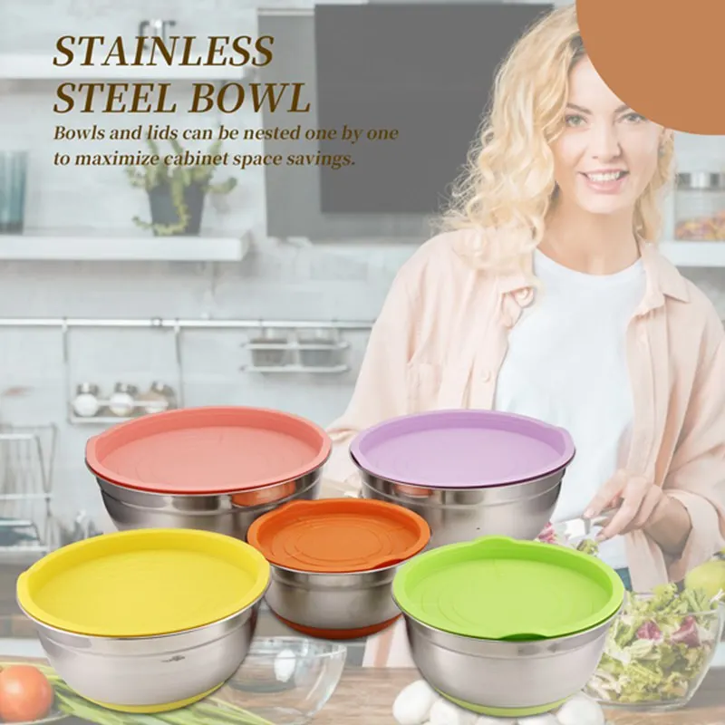 A01F-5Pcs Stainless Steel Mixing Bowls 18-26Cm Diameter Metal Nesting Bowls With Colorful Airtight Lids Non-Slip Bottoms