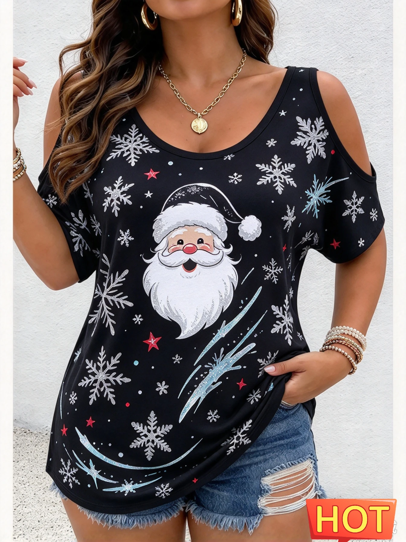 Santa Claus Pattern Women's Cold Shoulder T-shirt Casual O-neck Christmas Short Sleeve Tees Fashion X'mas New Year Girl Clothing