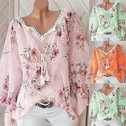 2024 Europe and the United States spring and summer new women's top V-neck splicing print large size long-sleeved shirt women