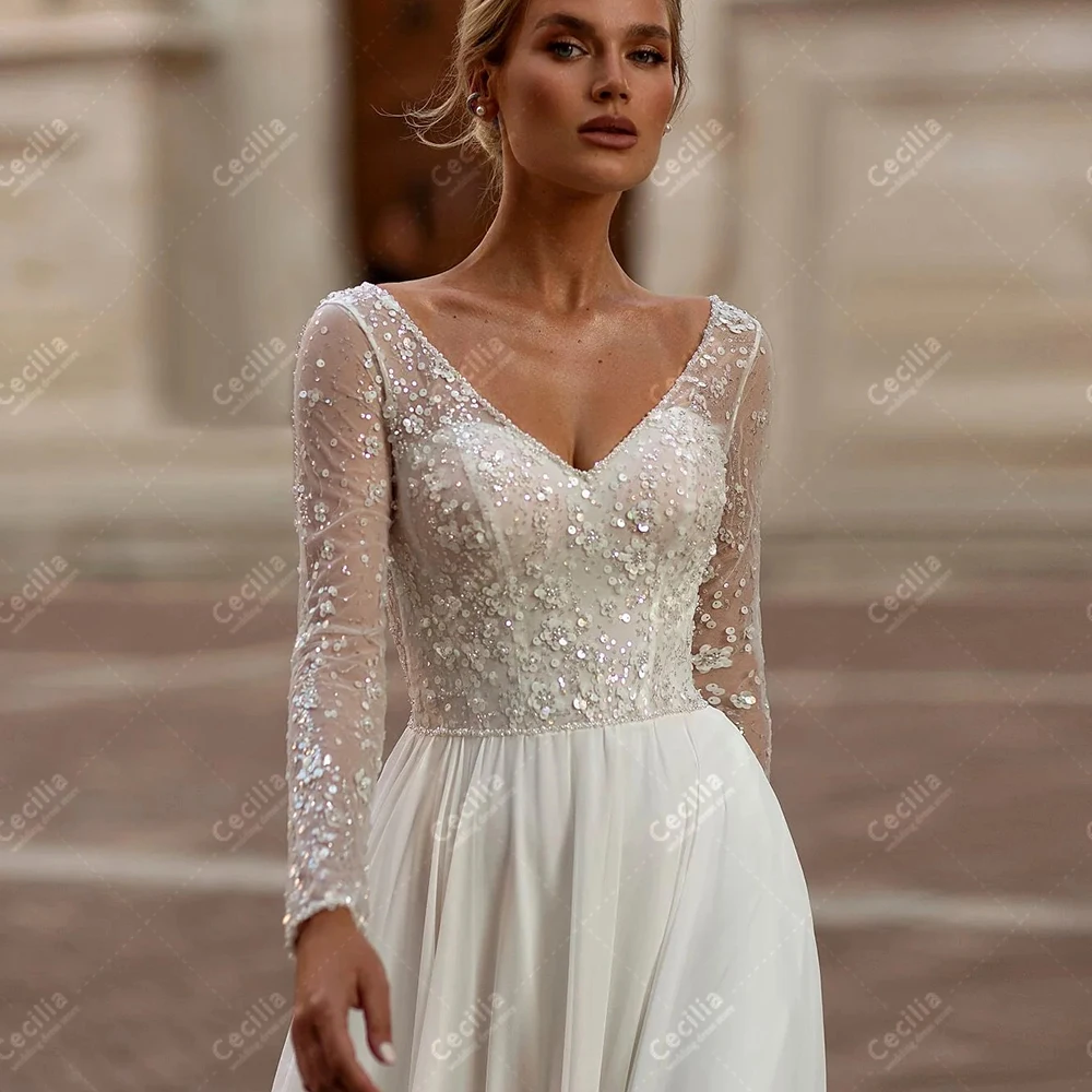 

Elegant Wedding Dresses A Line Chiffon Bridal Gowns Sequin Appliques Deep V Neck Full Sleeves Robes Graceful Vestidos De Novia