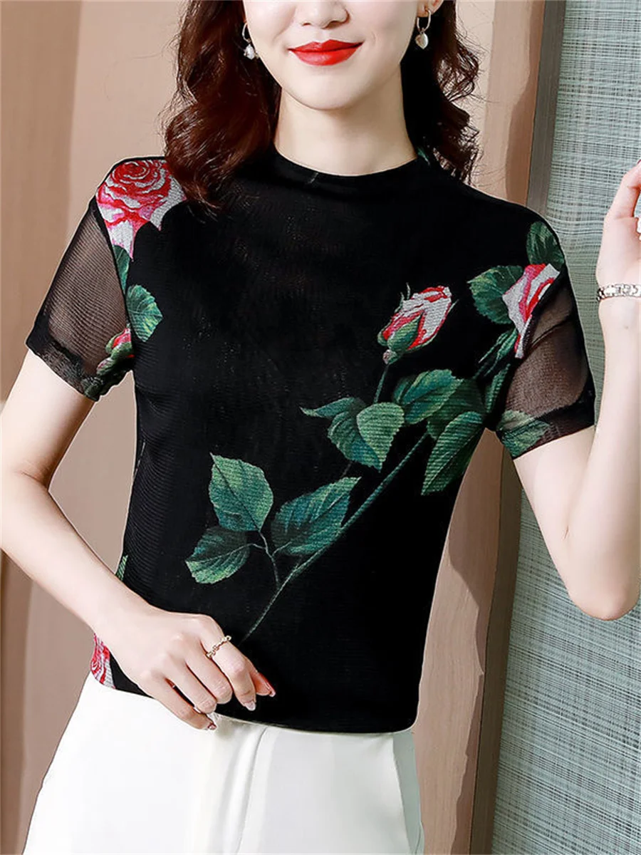 

Woman Summer Style Mesh Blouses Tops Lady Casual Short Sleeve Turtleneck Elastic Flower Printed Shirts Blouses ZZ1468