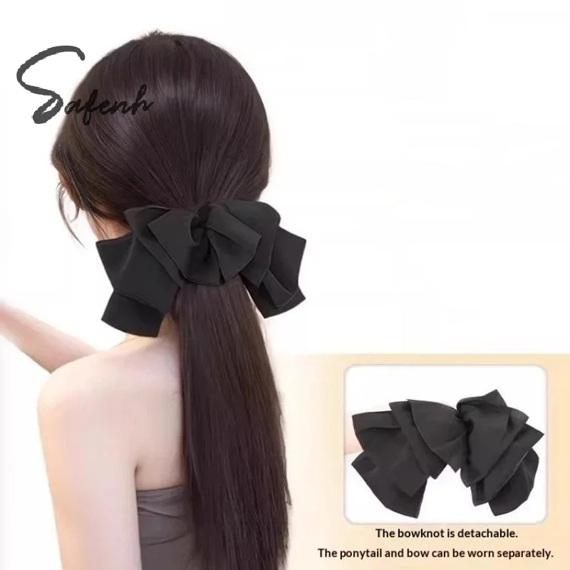 Hepburn-style Bow-tie Straight Ponytail Wig Headwear Lazy Headband Braid Wig Clip Integrated Style Fluffy For Daily Wear