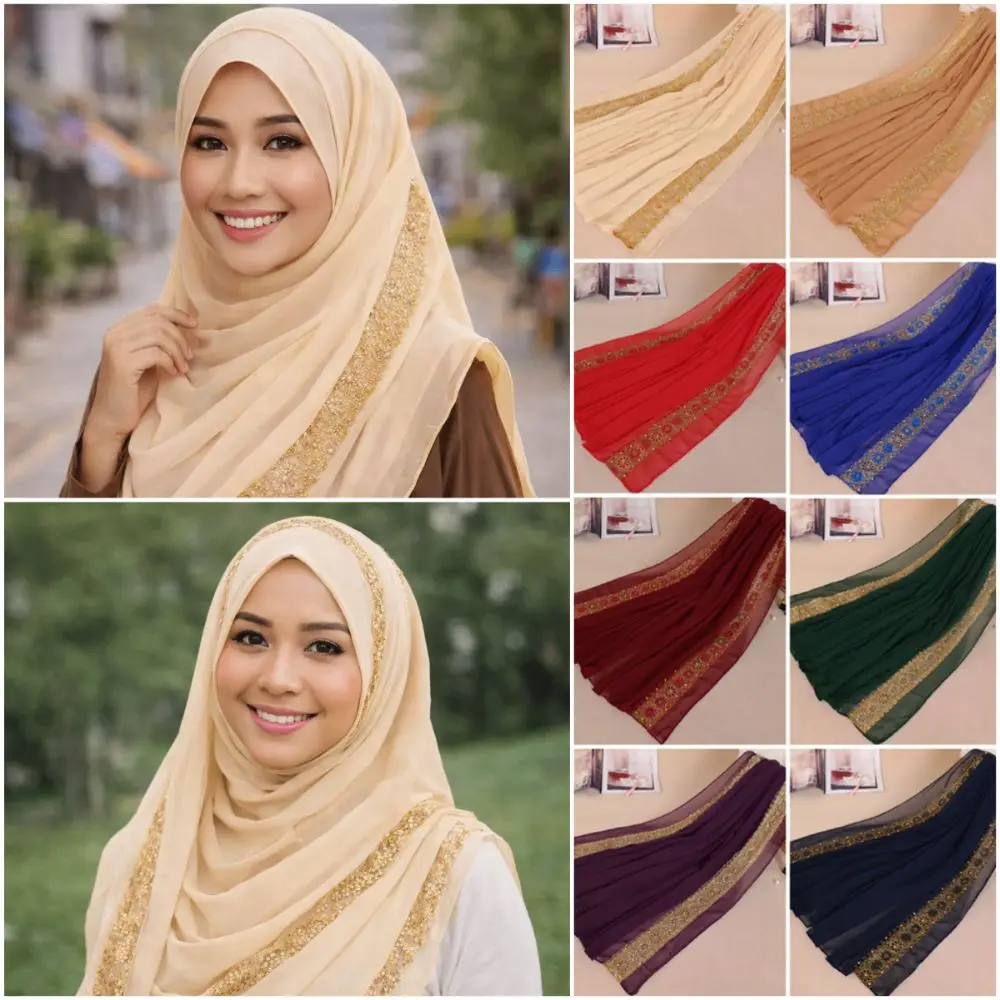 

Элегантный шифоновый платок с золотым тиснением и жемчугом, разноцветный, из легкого шифонового материала, малайзийский шарф, подарок