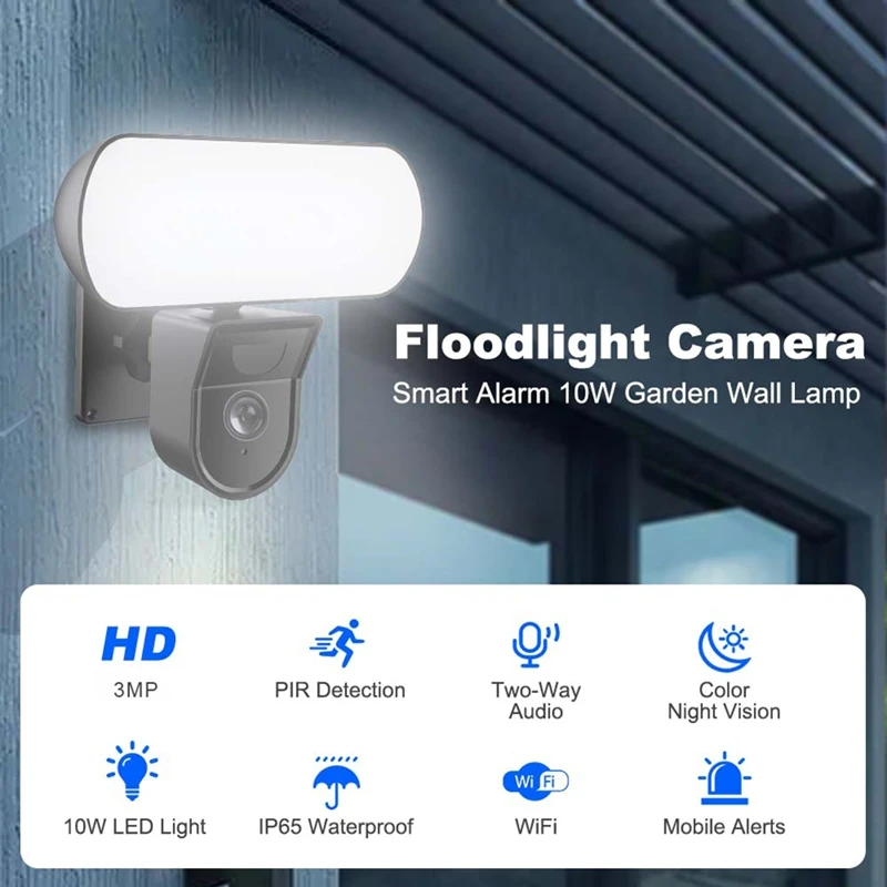 3MP Tuya Floodlight Camera Wifi Outdoor Waterproof 10W Garden Wall Lamp Security Protection Surveillance EU PLUG