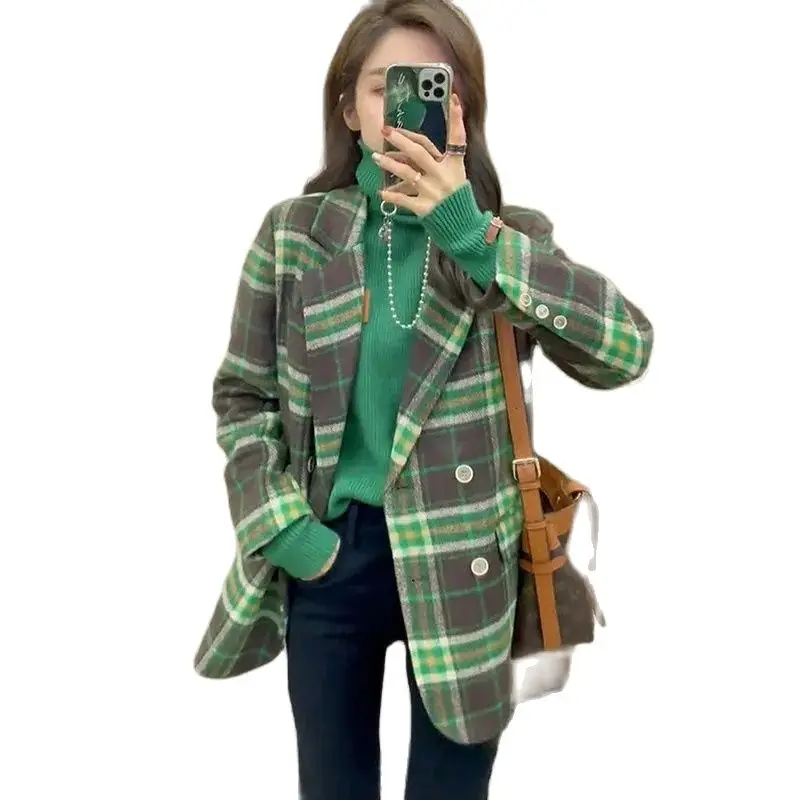 

Green Check Wool Jacket Female 2023 New Women's Autumn Winter Woolen Coat Blended Suit Jacket Fashion Mid-Length Blazer Vintage