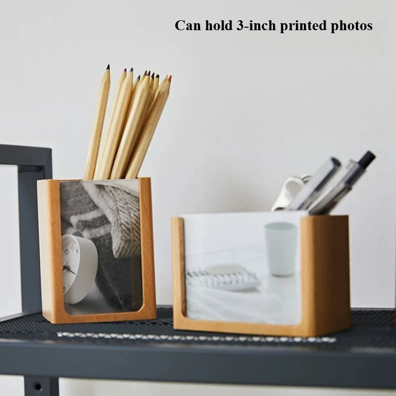 ✨ Beech Wood Photo Memo Holder, Desk Organizer, Wooden Pen Cup with Card Slot for Office, Desktop Memory Display Stand