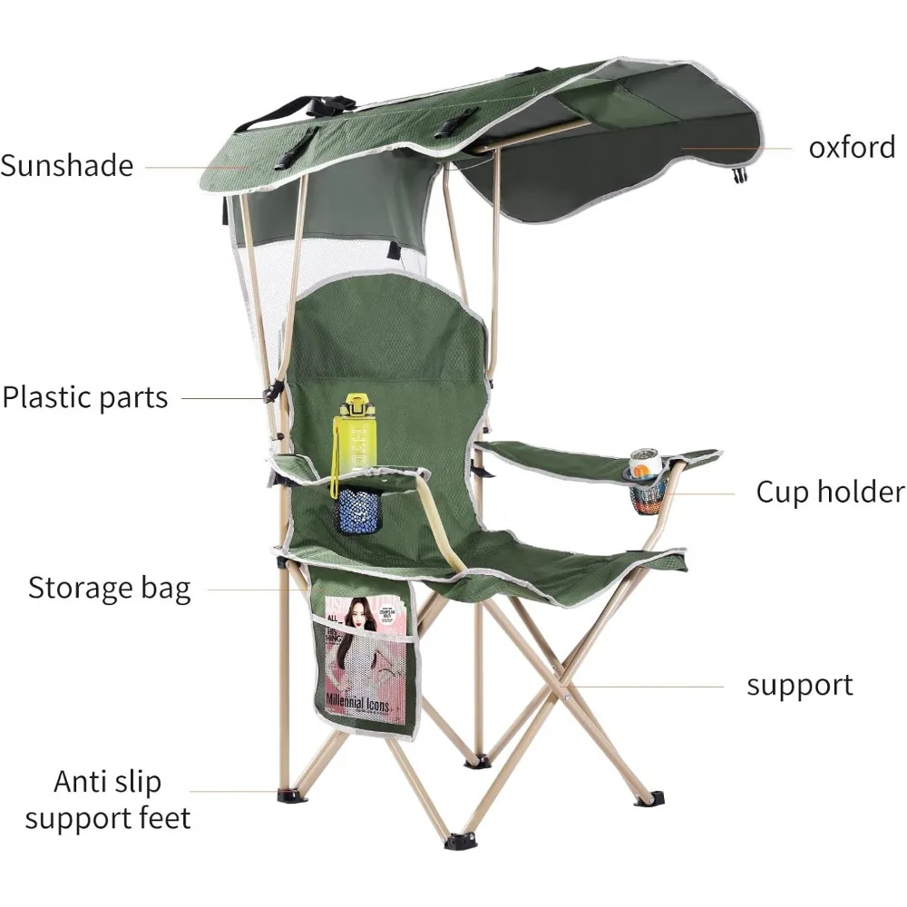 كرسي بمظلة قابل للطي للمغامرات الخارجية - كرسي تخييم متين من قماش أكسفورد 600D وكرسي للشاطئ مع ظل