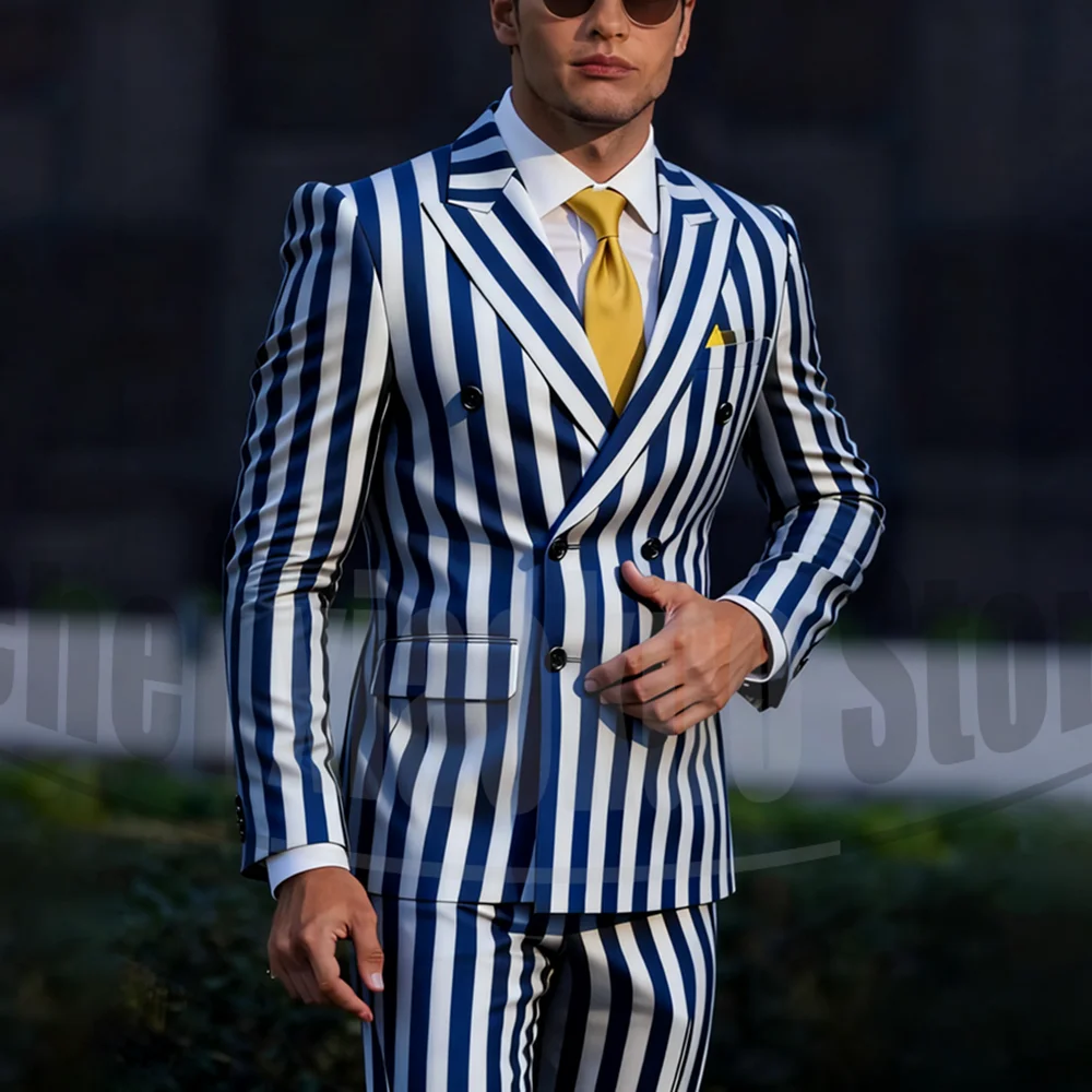 

Мужской полосатый двубортный костюм, облегающий пиджак и брюки, модный наряд для вечеринки, свадьбы, сценического наряда, стильный мужской костюм из 2 предметов