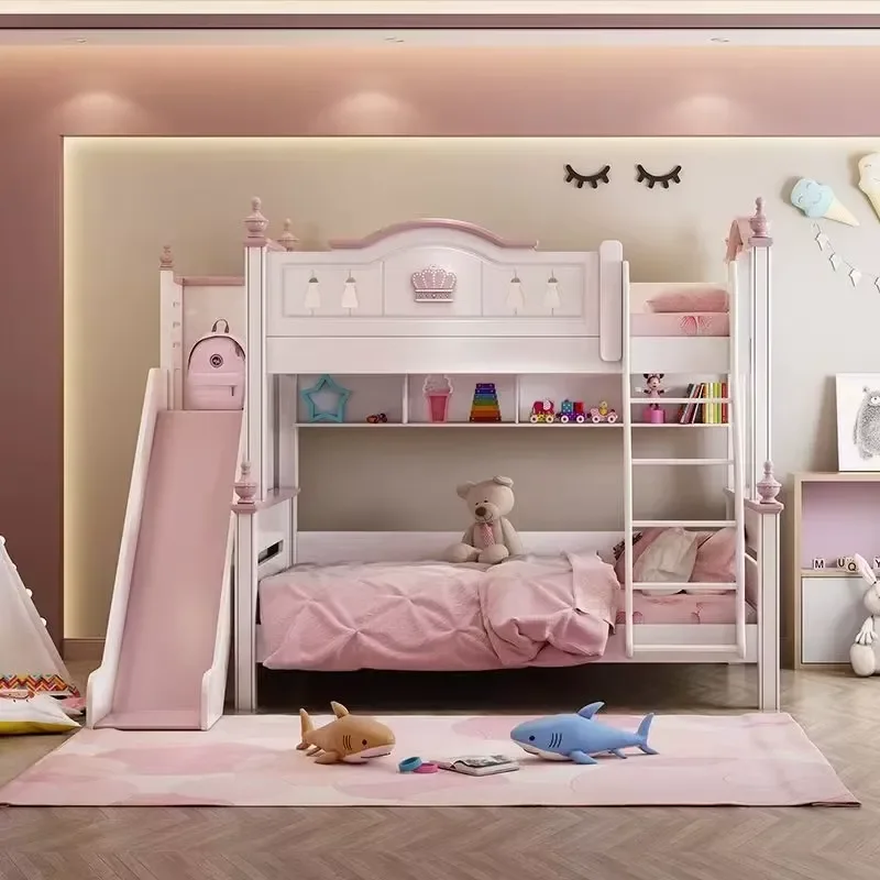 High Quality Modern Customizable Girl Child Bed Single Double Kid Cartoon Bedroom Furniture Pink Wooden Storage Extendable