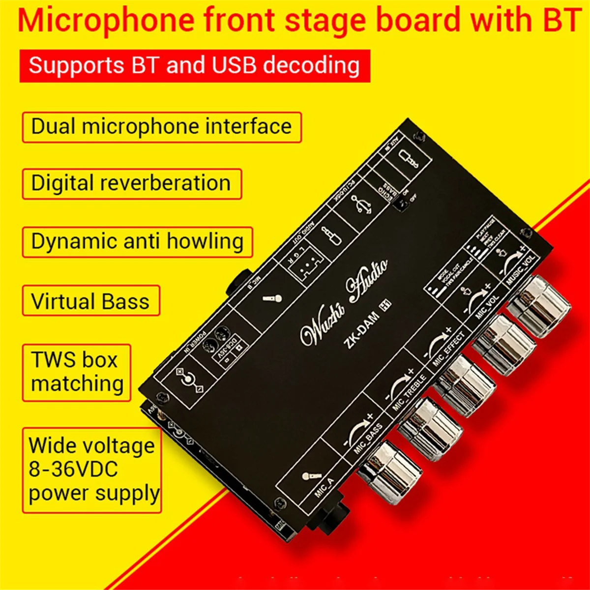 ABSQ-DAM H1 คาราโอเกะ Reverb Board ด้านหน้าผลไมโครโฟนร้องเพลงพร้อม Bluetooth USB ถอดรหัส (A)