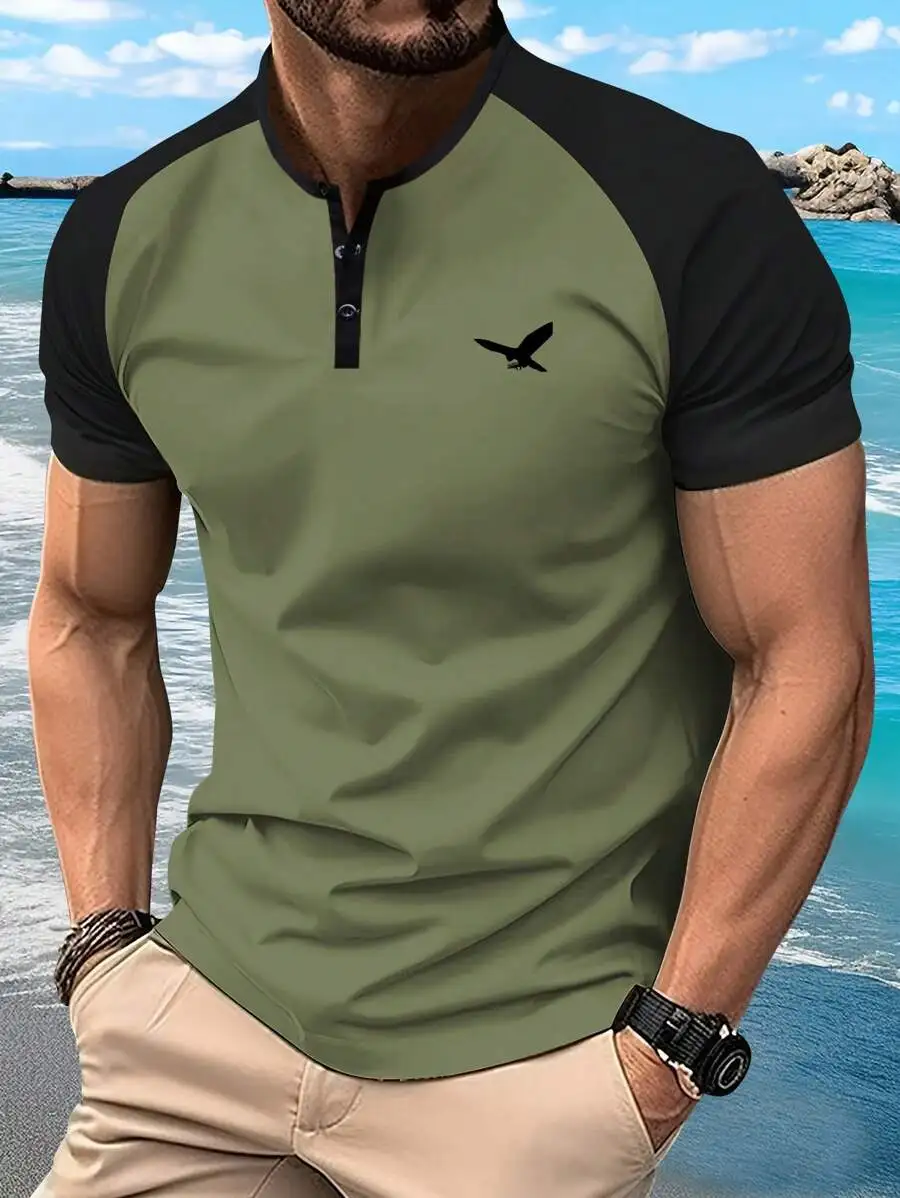 Men's Olive Green Contrast Raglan Sleeve Henley T-Shirt with Eagle Print