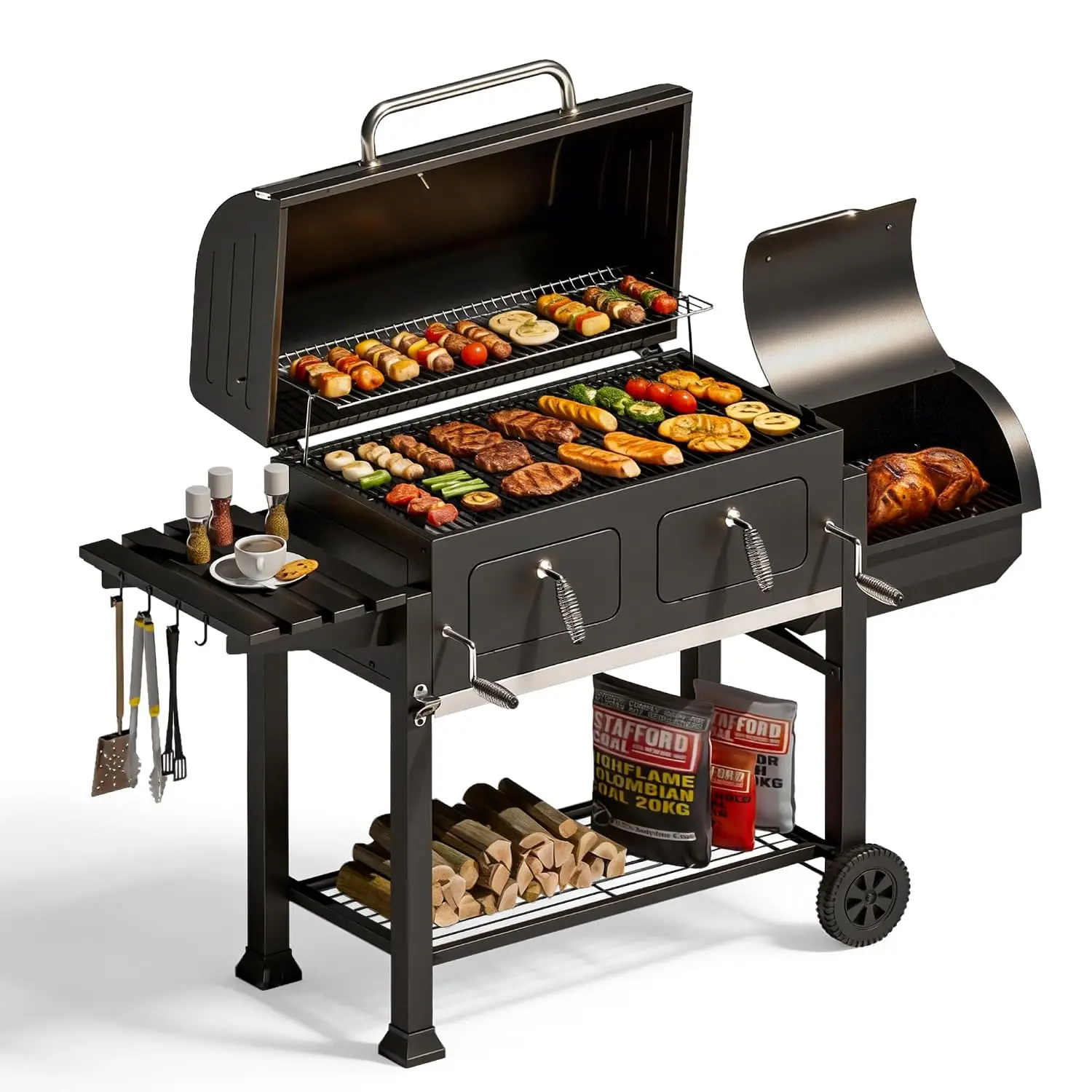Adjustable Top Vent, Combo Grill, Stainless Steel Lid, 1015 SQ.IN. Cooking Area, Foldable Side Table, for Backyard BBQ