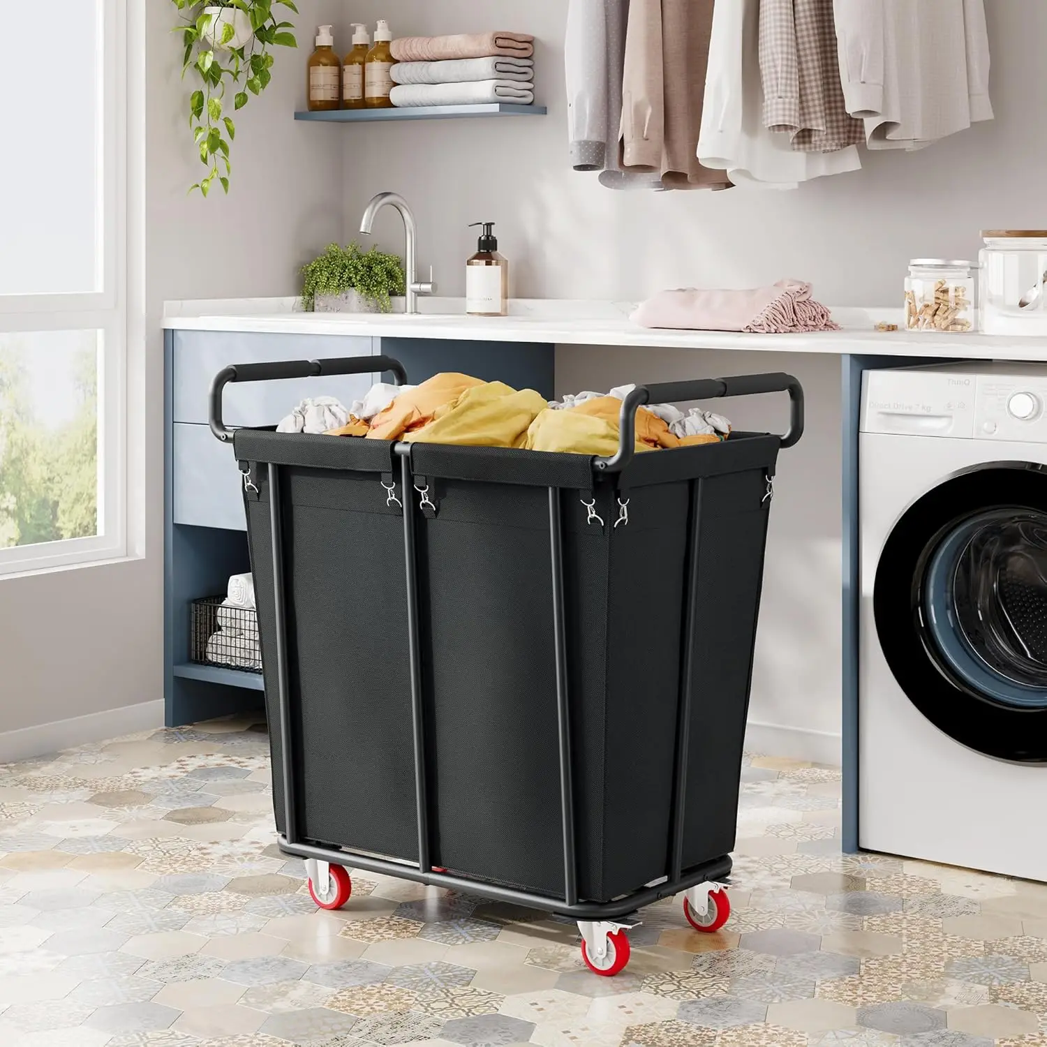 Large Laundry Hamper with Wheels,Heavy Duty Extra Large Rolling Laundry Cart Handle, Steel Frame,Waterproof Liner,95.1 Gallons