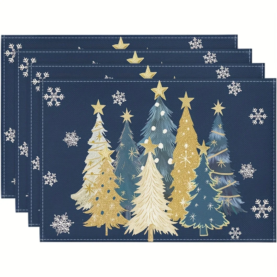 

VIKAMA 4-Piece Christmas Deep Blue Gold Snow Placemats Winter Solstice Gathering Christmas Party Family Table Decor Accessories