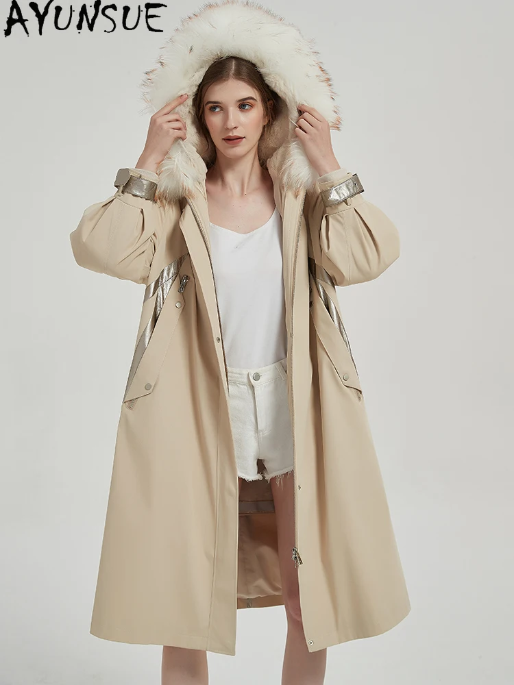 سترة نسائية من فراء الأرانب من AYUNSUE ريكس لعام 2025 معاطف من الفرو الحقيقي ملابس شتوية للسيدات بياقة من فرو الراكون وبطانة من فراء الراكون قابلة للفصل