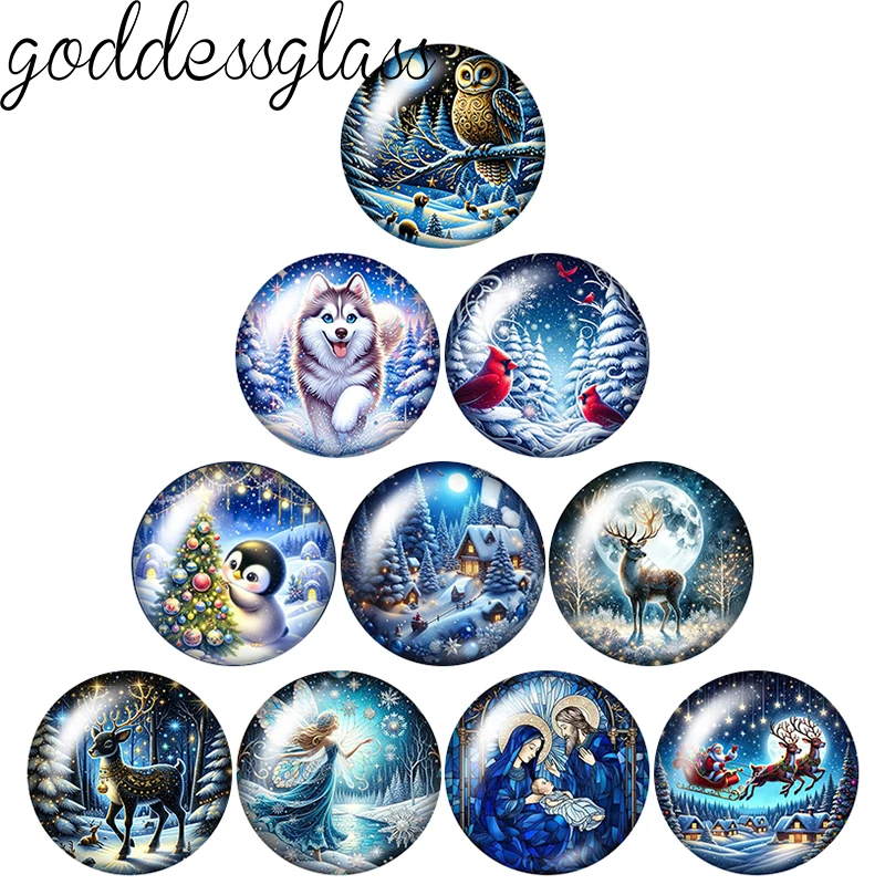 Chrismas Winter Animals Cardinal Dog Owl penguin Elk 12mm/18mm/20mm/25mm Round photo glass cabochon flat back Making findings