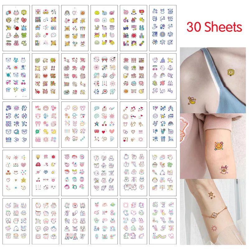 30 Sheets/Set Cartoon Temporary Tattoo Sticker for Adults and Children Kawaii Cute Waterproof Fake Tattoo Stickers