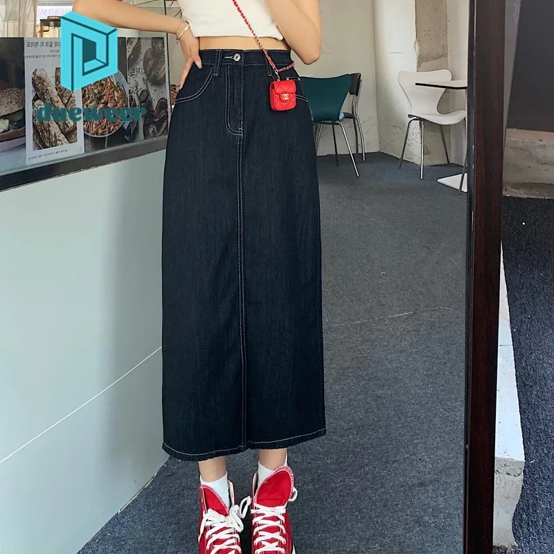 

DUEWEER Korean Fashion High Waist Dark Midi Denim Skirt Women's Vintage Punk Streetwear Long Skirt 2022 Aesthetic Fall Clothes