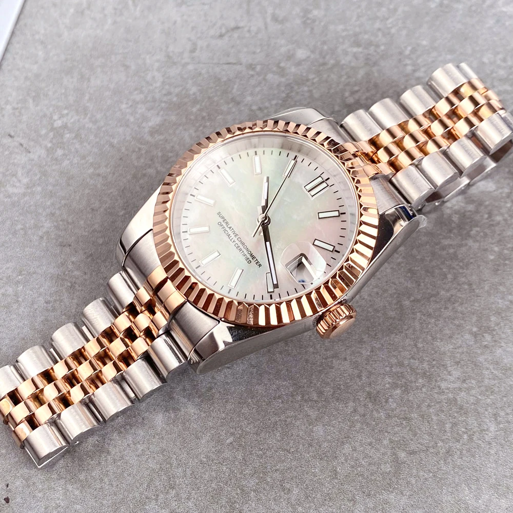 تخصيص اثنين من لهجة ارتفع الذهب حالة DJ MOP أم اللؤلؤ الهاتفي 36/39 مللي متر الياقوت NH35A غواص ساعة الرجال 20ATM التلقائي