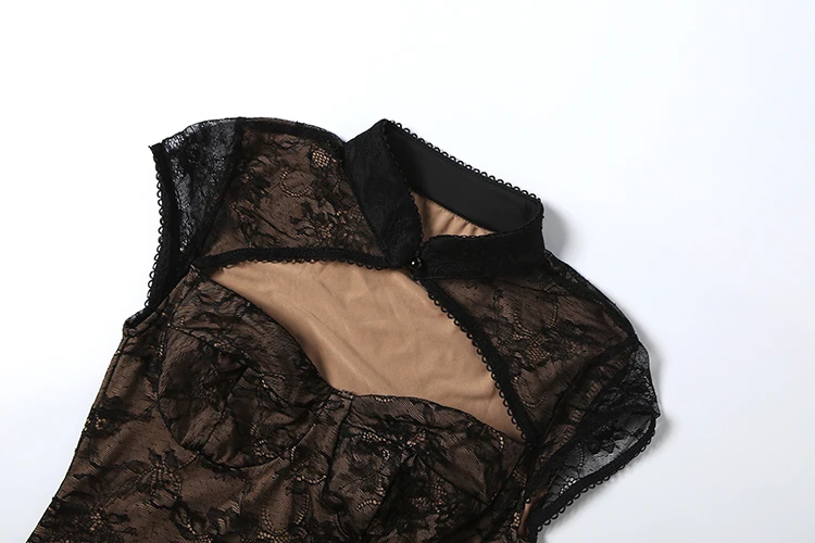 Weird Puss Blumen-Dekorationskleid für Damen, Hottie Patchwork-Spitze, hohler Stehkragen, eng anliegendes Hottie-Midnight-Sexy-Mini-Bodycon-Kleid – Detail 6