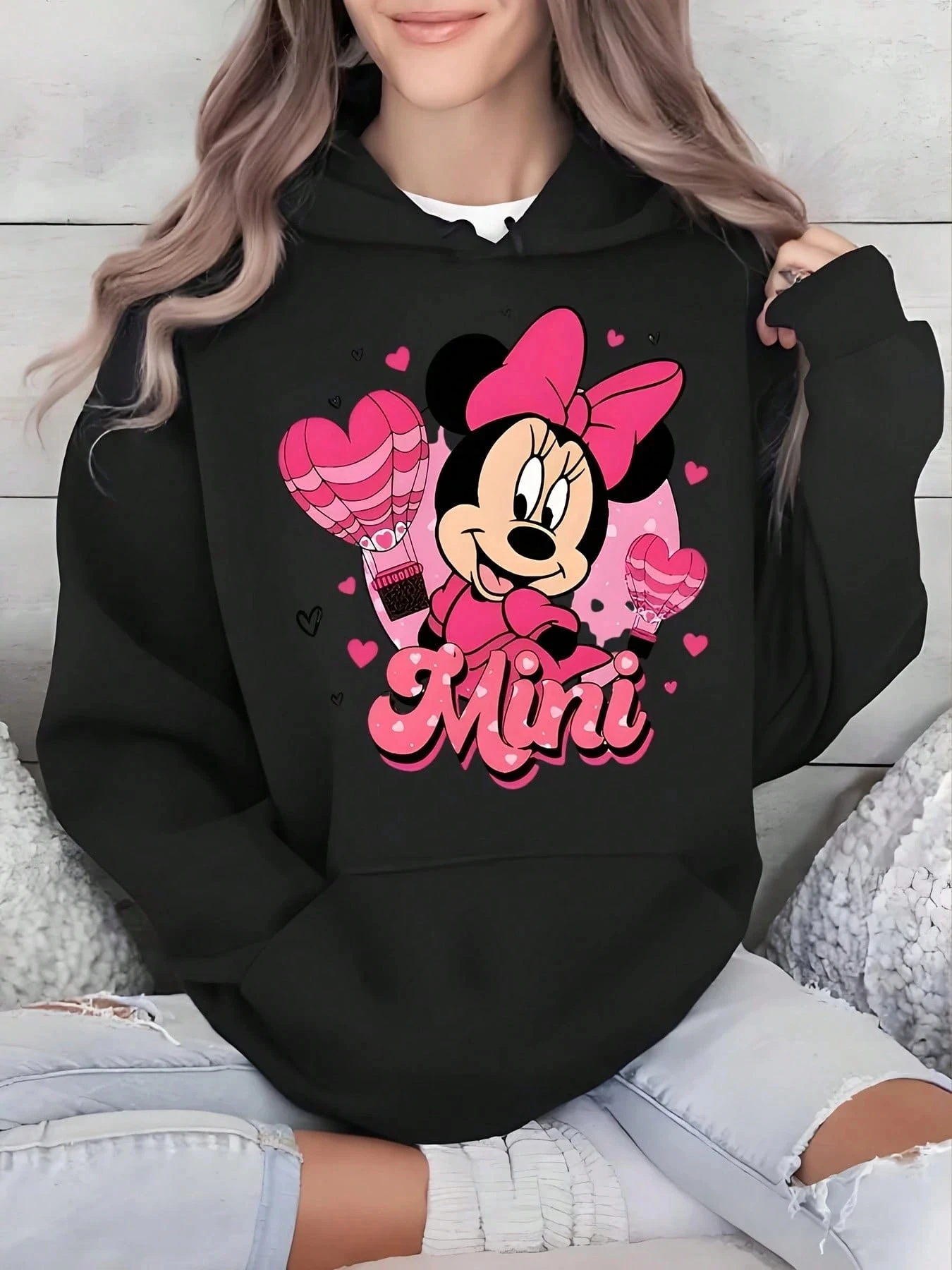 여성용 디즈니 미니 마우스 코튼 플리스 후드티 블랙 컬러 핑크 드레스 하트 풍선과 하트 프린트 루즈핏