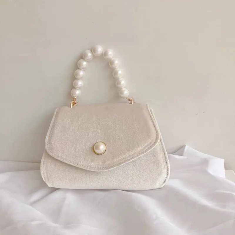 French Vintage Pearl Handheld Small Square Bag For Women Spring Autumn New Velvet Chain Dinner Bag Beige Cross Shoulder Bag