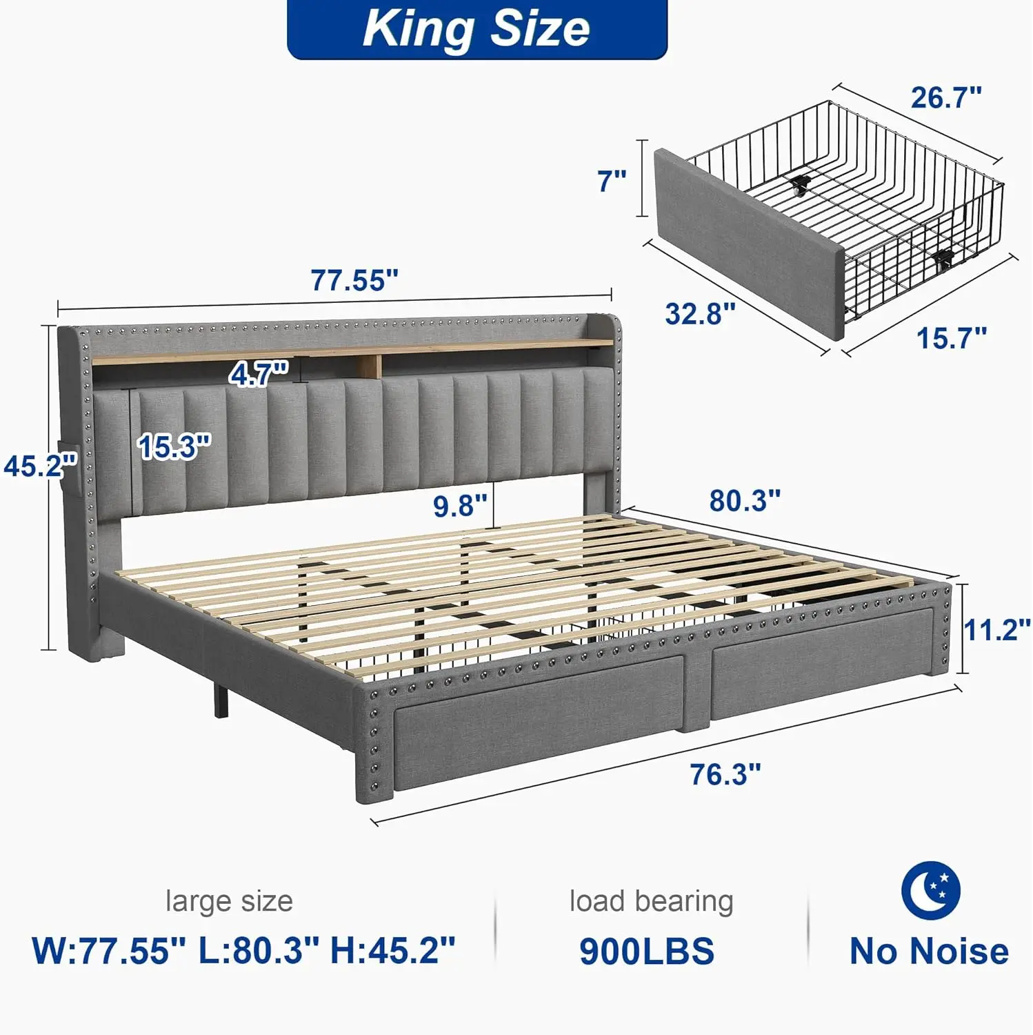 King Size Bed Frame with Storage and Headboard, Upholstered King Bed Frame with Storage, Grey King Bed Frame with 2 Drawers,