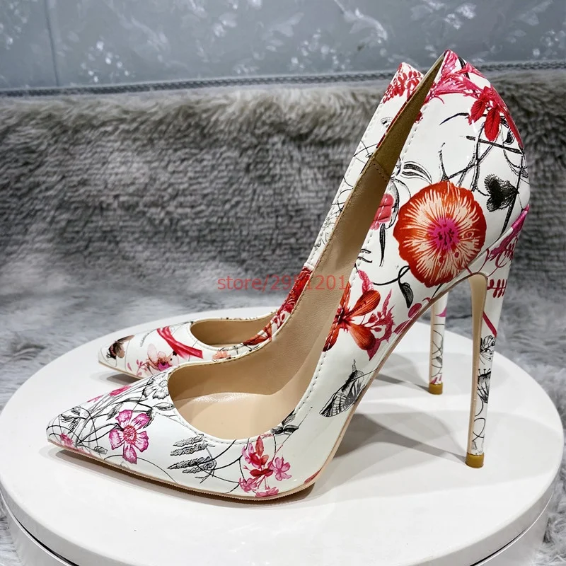 

Colorful Flower Trees Printed Brand Women Shoes 12cm High Heel Party Ladies Pointed Toe Shallow Sexy Wedding Party Club shoes