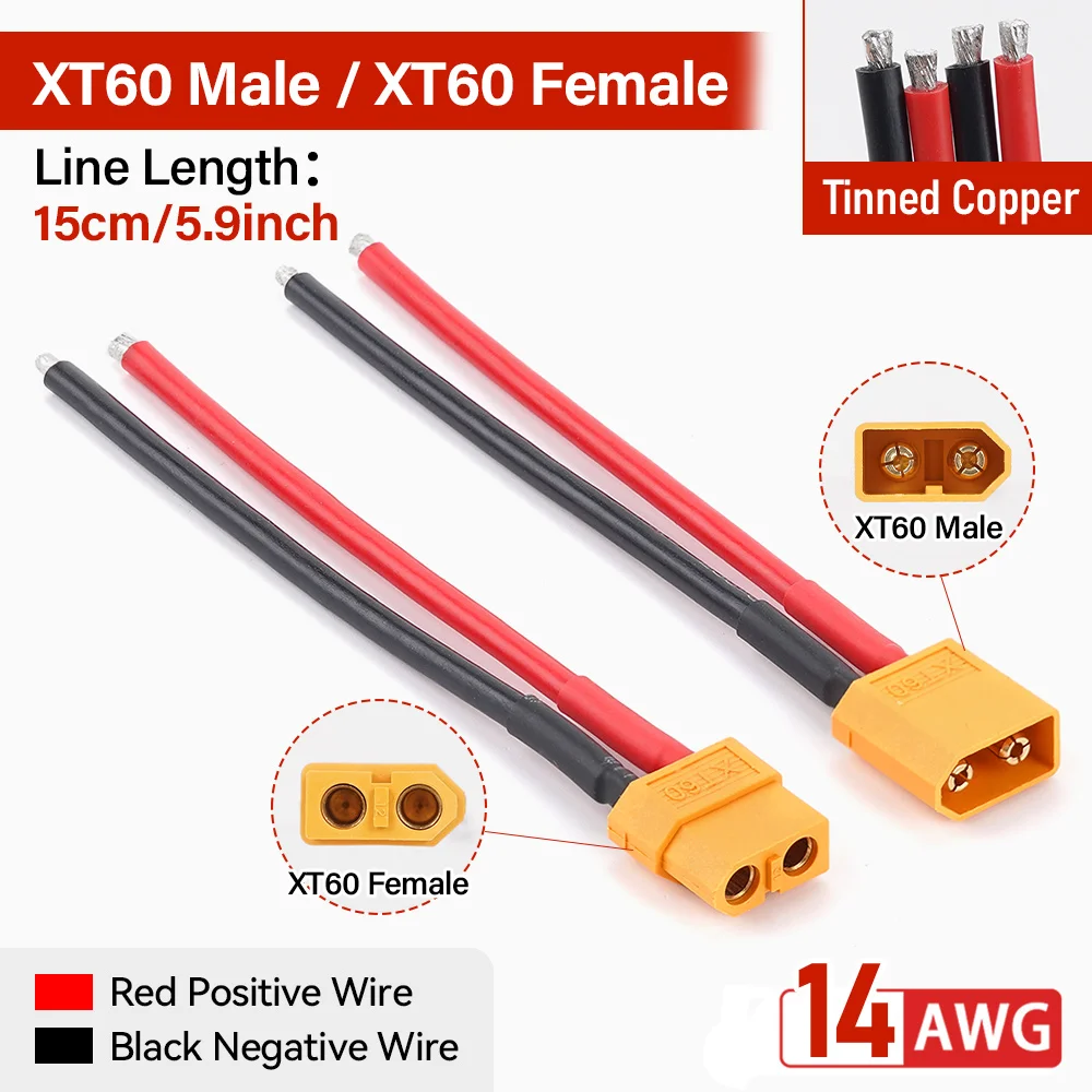 Battery cable XT60 Connector Male & Female Plug with 15cm14 AWG Silicone Wire for RC Airplane Quadcopter Lipo Battery ESC FPV