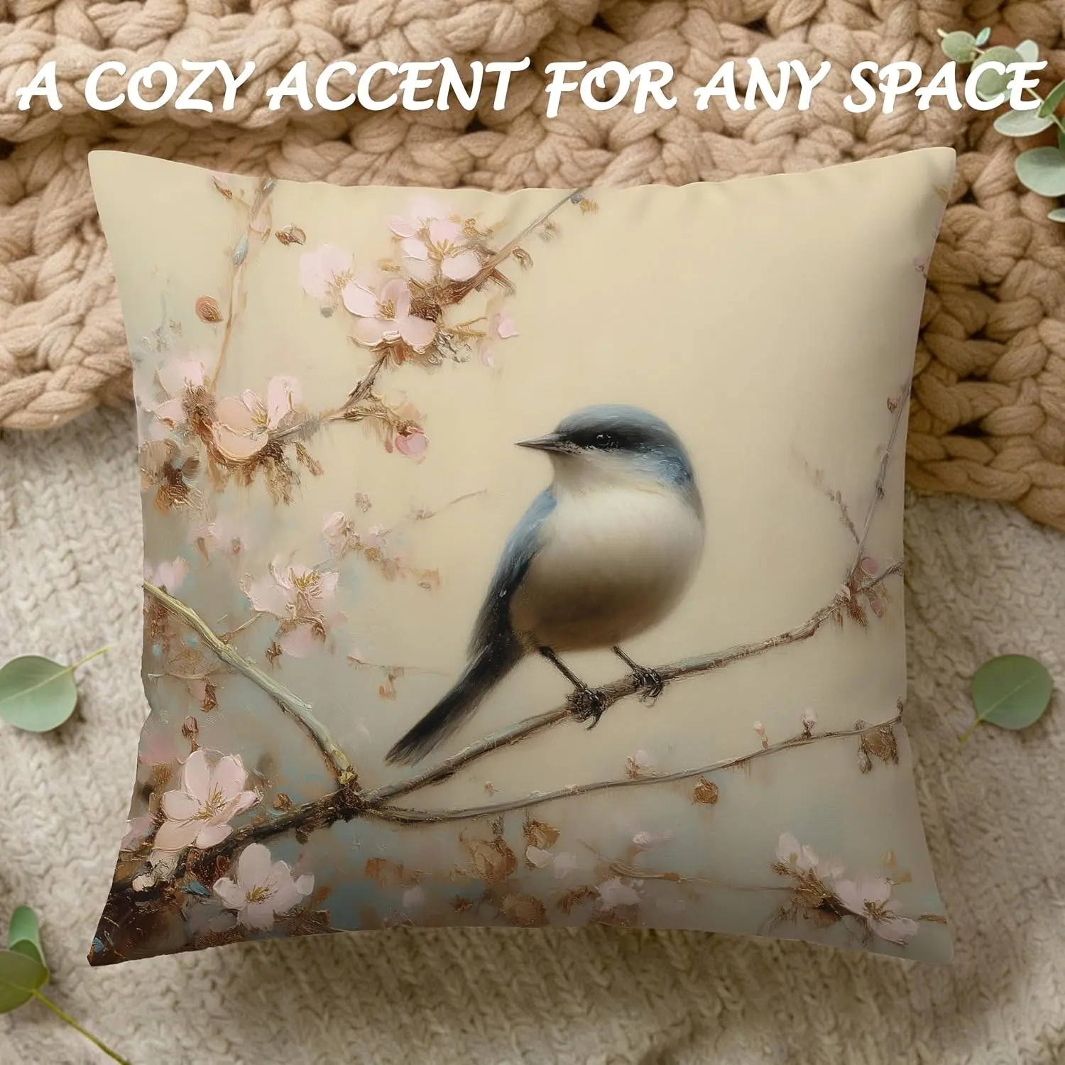 Romantic Spring Cherry Blossom Bird Pillowcase Floral Print Cushion Cover Beige Neutral Accent Decor 45x45cm