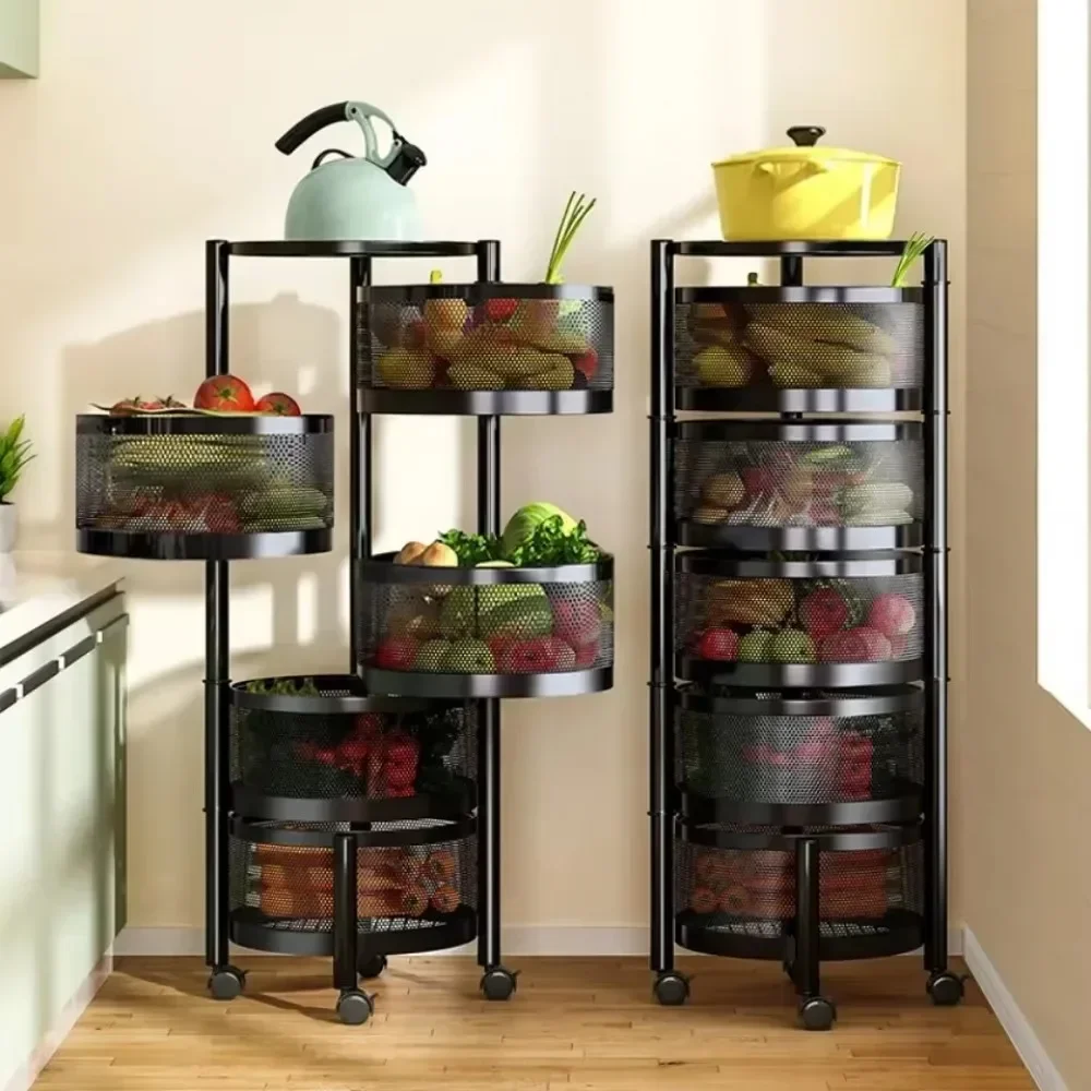 Rotating Vegetable Baskets Multi-Layer Round Kitchen Trolley Fruits Shelf Snacks Storage Rack Movable Bathroom Organizer Cart