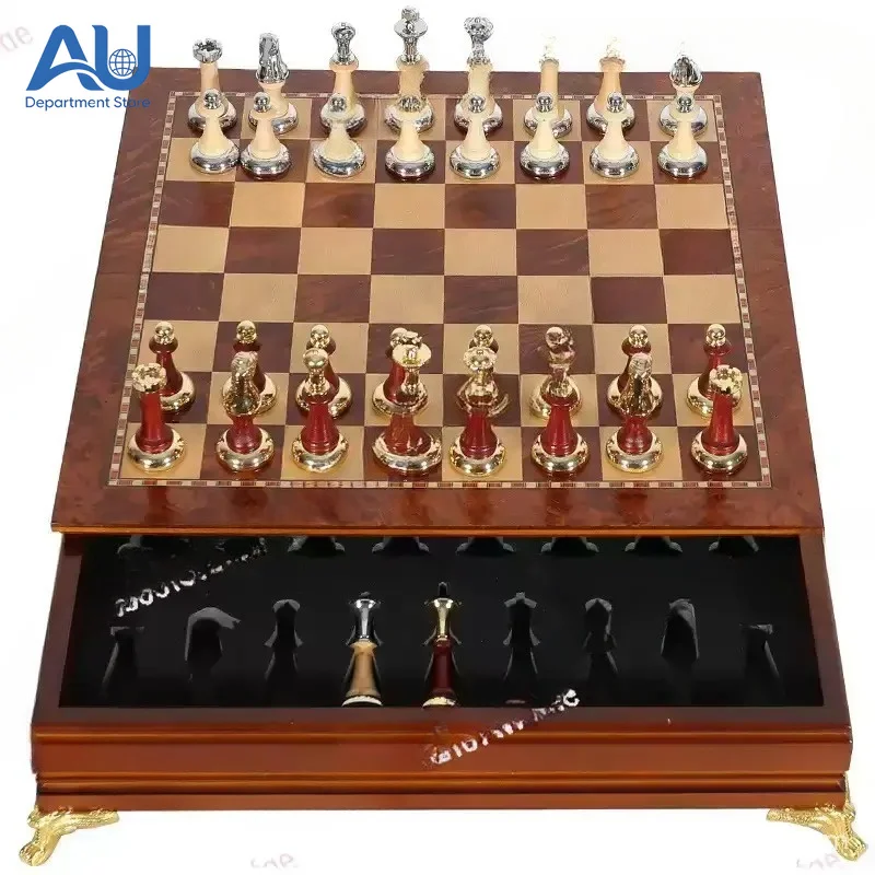 High-end drawer-type chess solid wood chess pieces inlaid with metal chess desktop ornaments