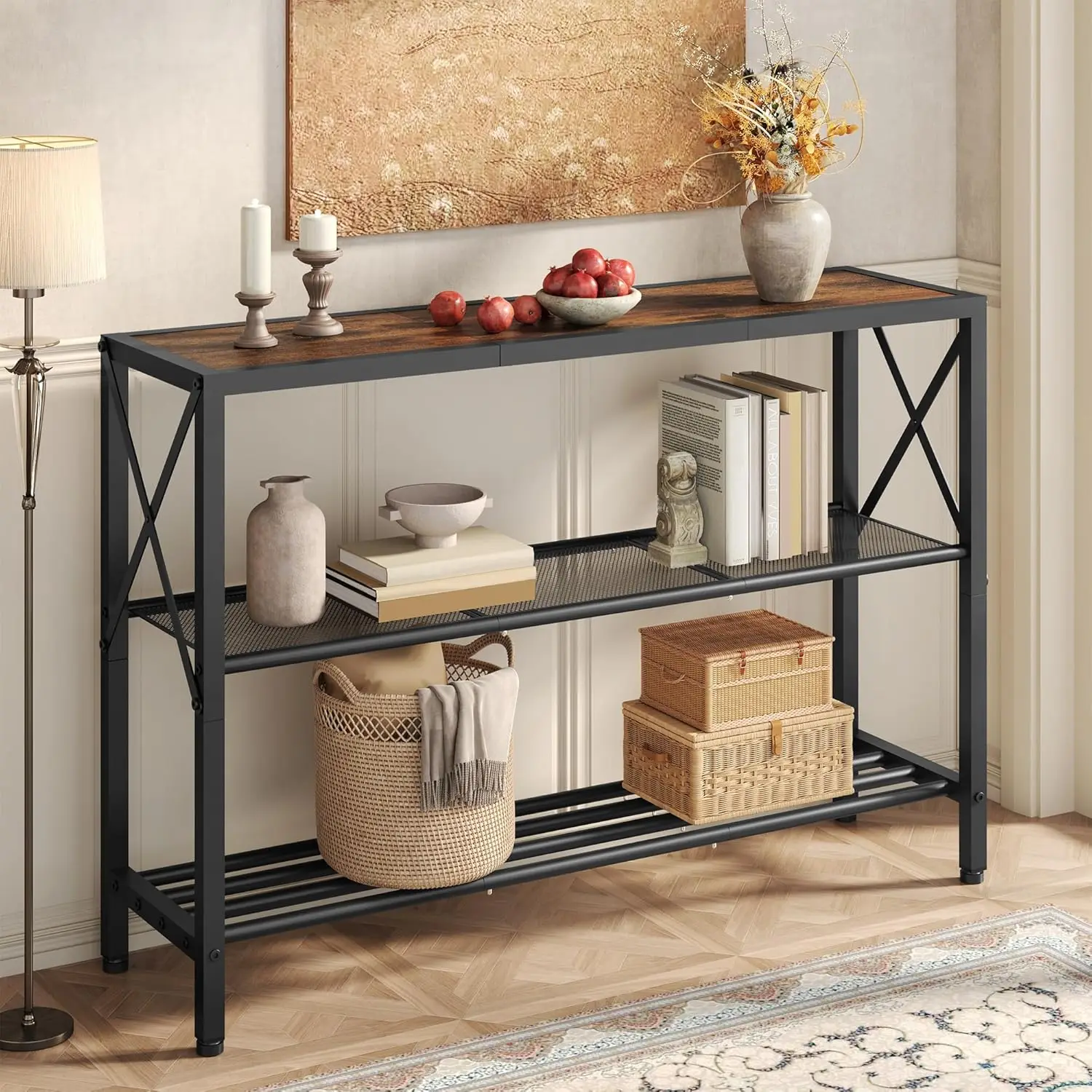 

Rustic Brown & Black 3-Tier Console Table with Shelves for Entryway, Living Room, Office