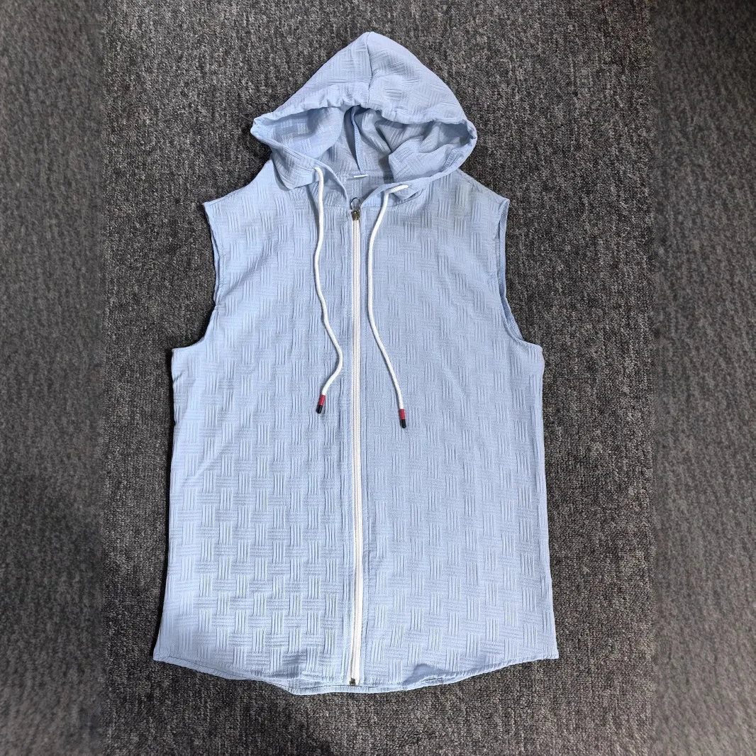 Summer Men's Jacquard Striped Zipper Cardigan Sleeveless Hooded T-Shirt Top