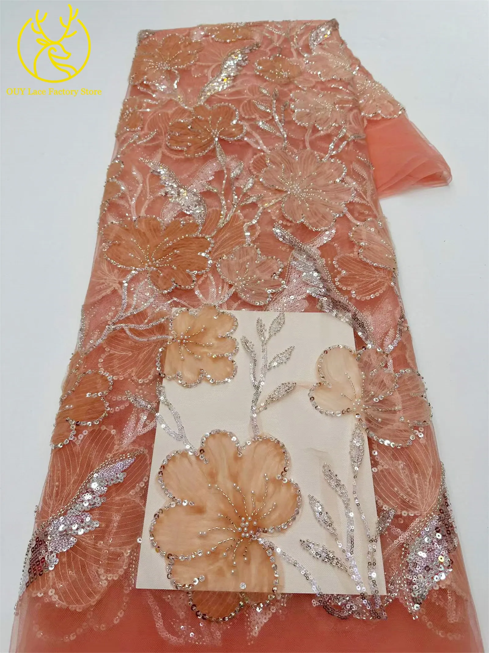 5 Yards Modischer Nigerianischer Pailletten-Tüll-Spitzenstoff 2026 Afrikanischer Perlen-Spitzenstoff Französische Spitze für Hochzeitskleider und Partykleider zum Nähen – Detail 17