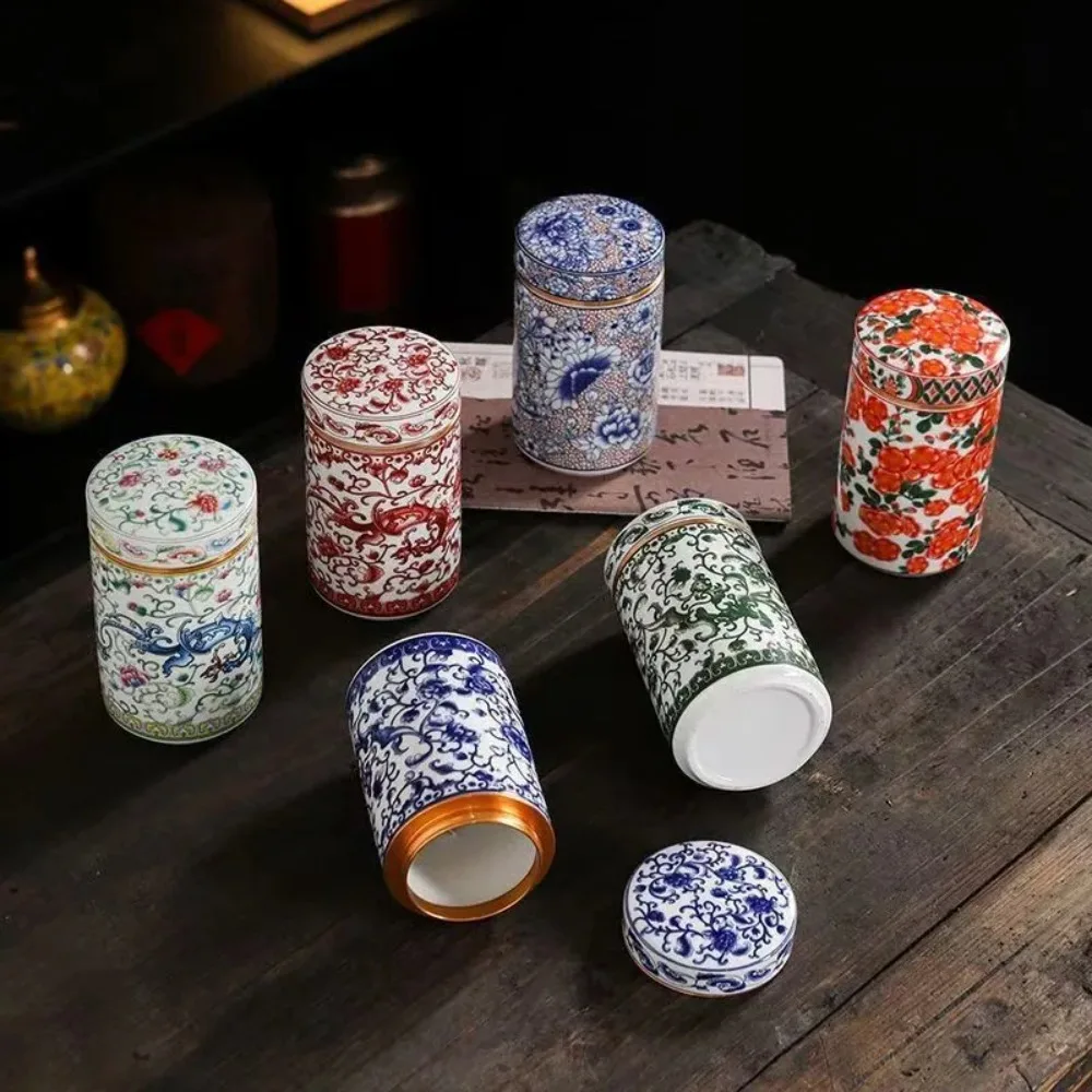 Ceramic Alloy Screw Cover Sealed Tea Storage Jar Portable Travel Enamel Colorful Red and Green Storage Jar Home Decoration