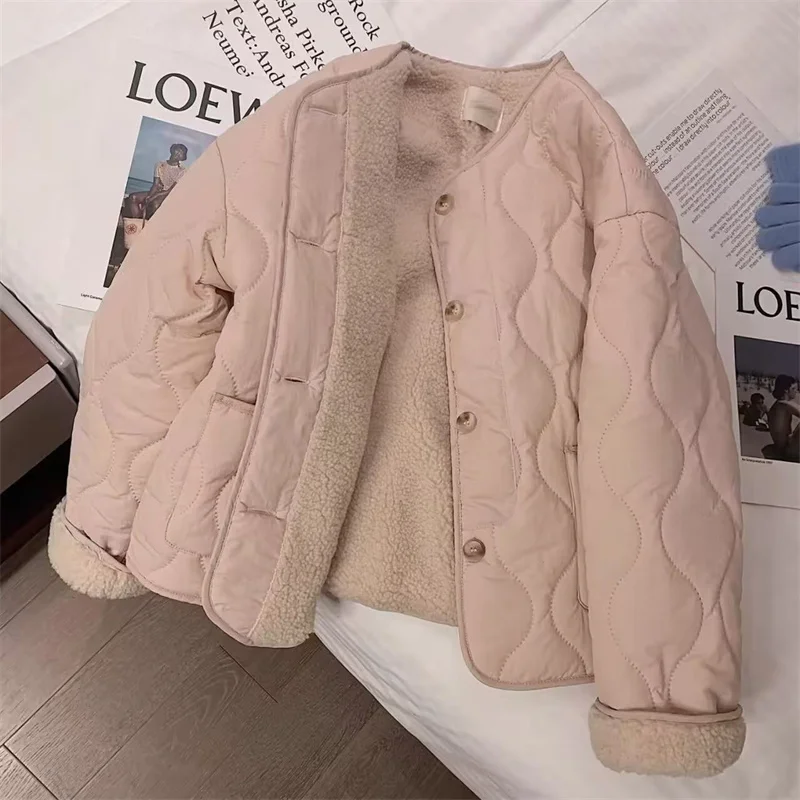 A Pink Lambswool Cotton-padded Jacket For Women In The Winter Of 2024 New Korean Version Of Thick Round Neck Lambswool Coat Top