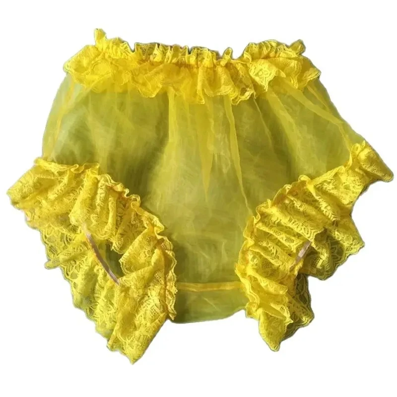 French Sexy Adult Custom Fetish Cross Dressing Sissy Yellow Organza Patchwork Lace Lock Up Party Dress Shorts