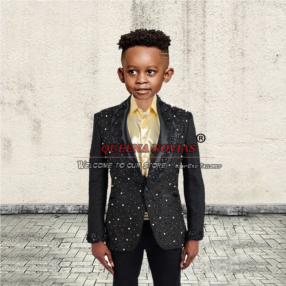 Formal Boys' Attire For Wedding Black Floral Blazer Pants 2 Pieces Children Birthday Party Clothing Colorful Stone Beads Jacket