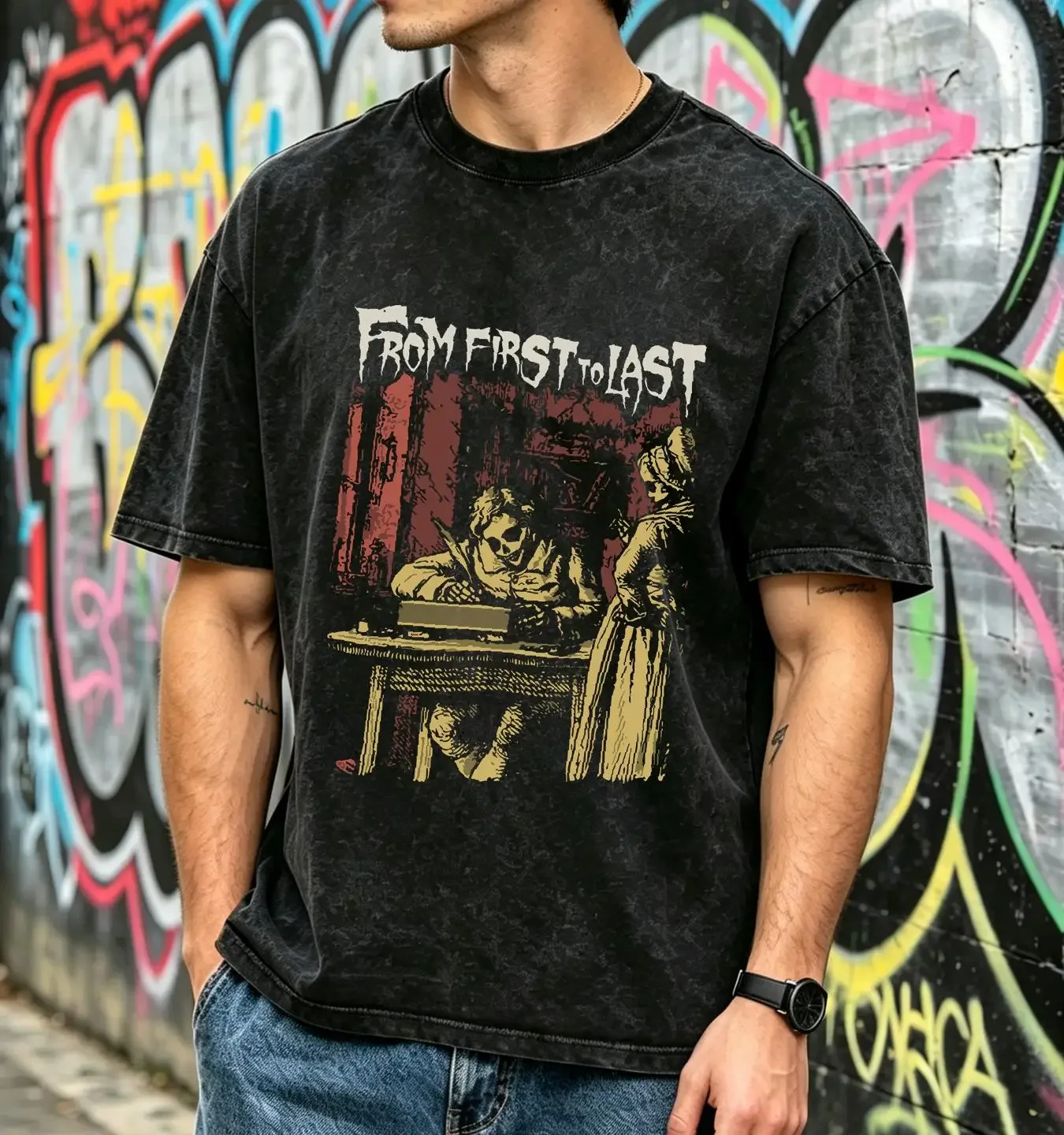 washed T Shirt FROM FIRST TO LAST FFTL Sonny Moore Skeleton CouplePost Hardcore Band vintage Washed fashion designer clothes