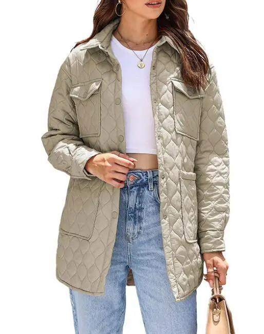 Winter Flip Collar Quilted Padded Jacket Medium Length Cotton-padded Parker Women Large Pocket Design Outwear