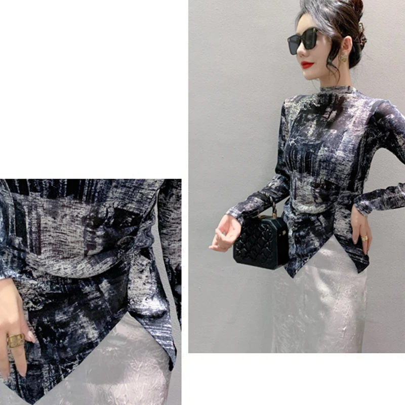 MadBlack 섹시 여성 모크넥 프린트 탑, 긴팔 슬림 불규칙 티, 유럽 의류, 가을 겨울 T40611CC