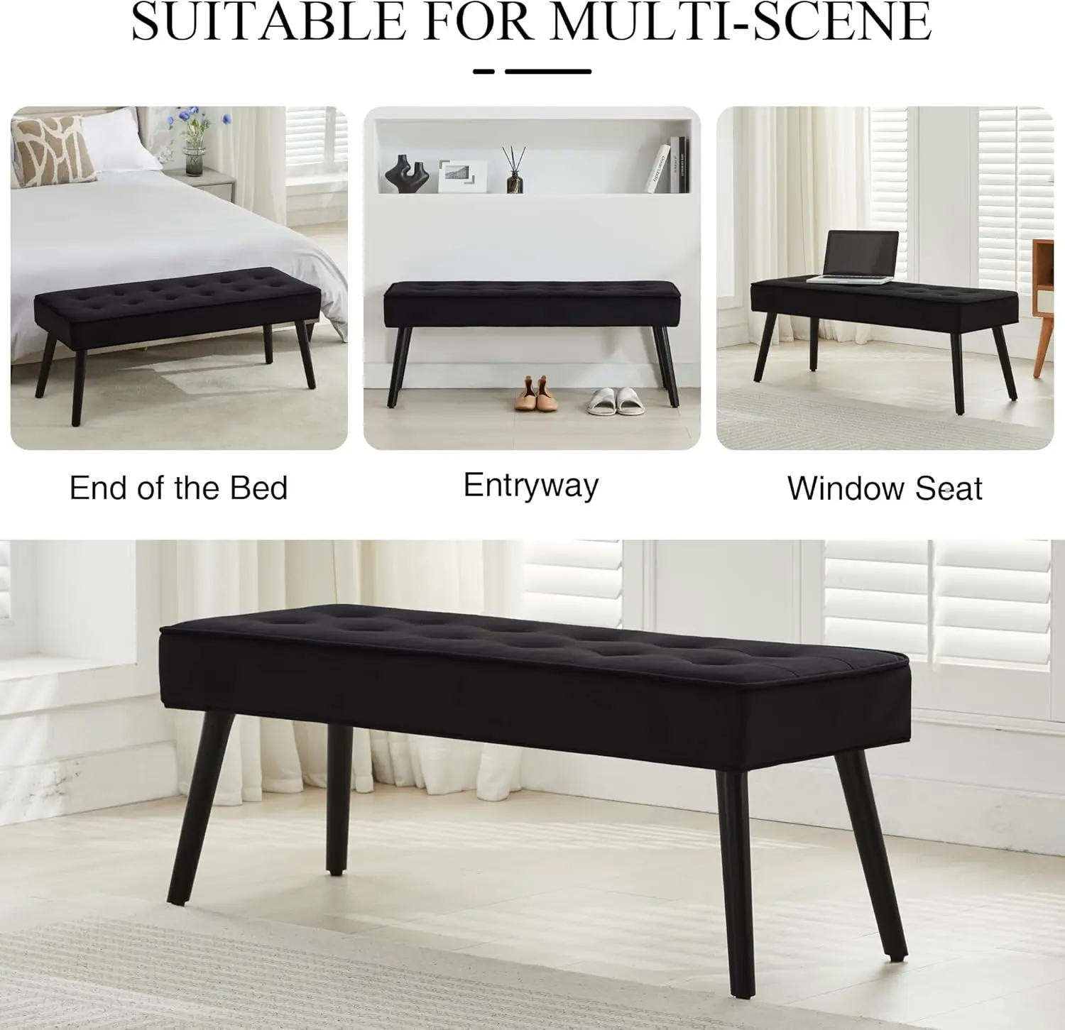 モダンなベルベット張りボタン留めベンチ、無垢材の脚付き - 快適な玄関やベッドエンド用オットマン、スタイリッシュなご自宅に