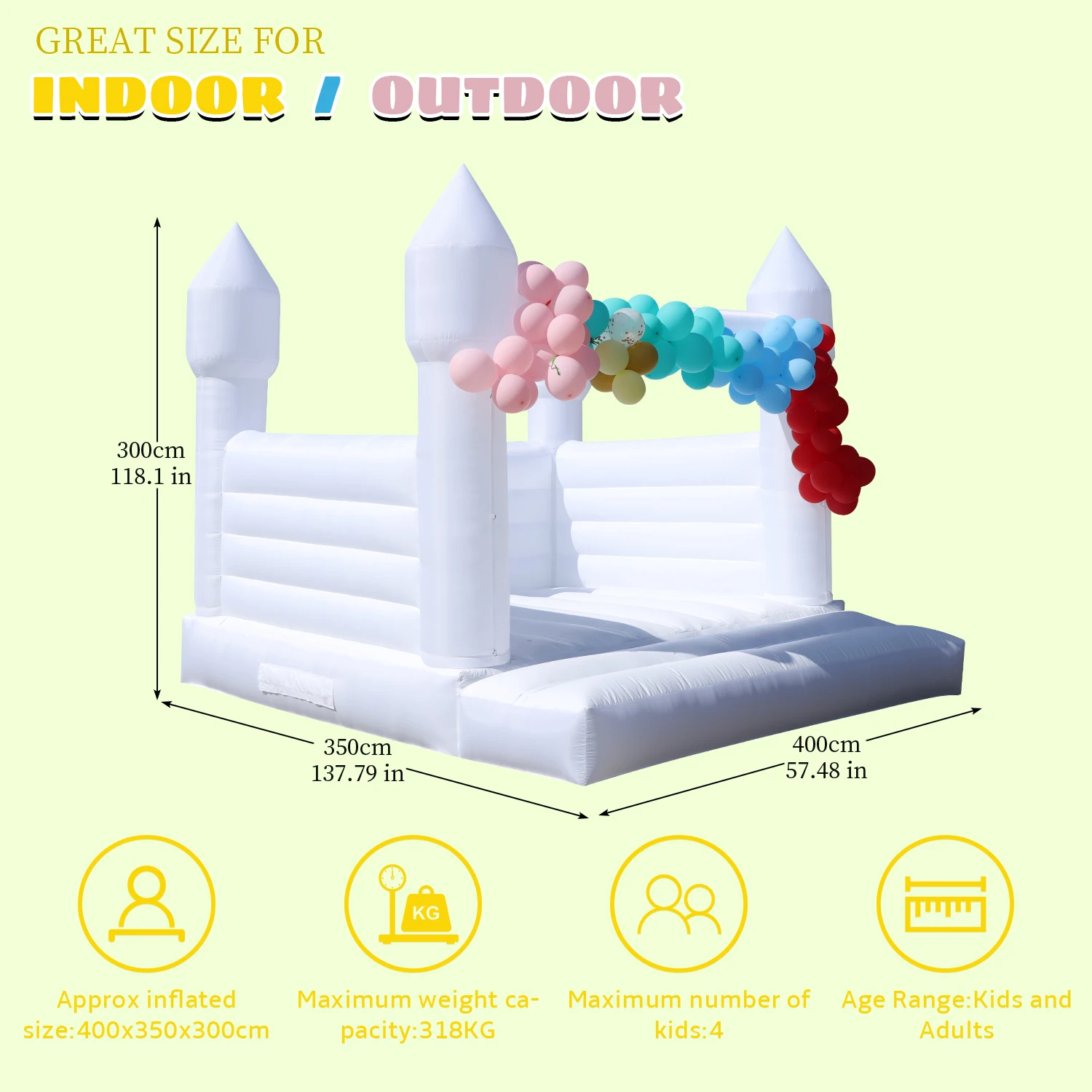 3×3/4×4インチの白いインフレータブルバウンスハウス、フルPVC製の弾む城、ブロワー付き、結婚式パーティー用、子供のおもちゃ、ギフト、結婚式用プレイハウス